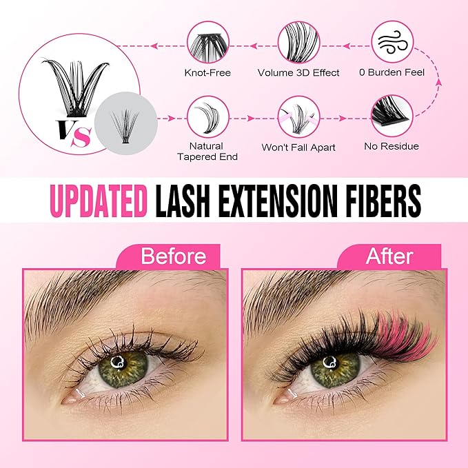 Pawotence Lash Extension Kit DIY Individual Lash Clusters Eyelash Extension Kit 9-16mm Lash Clusters Colored with Lash Bond and Seal, Lash Tweezers for Self Application (40D, 9-16mm, Color Kit)