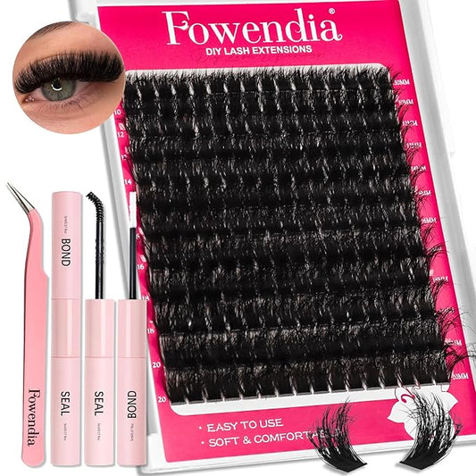 Lash Clusters Kit Fluffy 200D Individual Lashes D Curl Cluster Eyelash Extensions 10-18mm DIY Lash Extension Kit Lash Bond and Seal Waterproof, Lash Applicator, Thick False Eyelashes Kit
