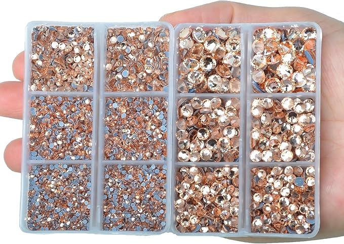 10000Pcs 2-Boxes Mixed Size Hot Fix Round Crystals Gems Glass Stones Hotfix Flat Back Rhinestones with Tweezers and Picking Pencil (Champagne)