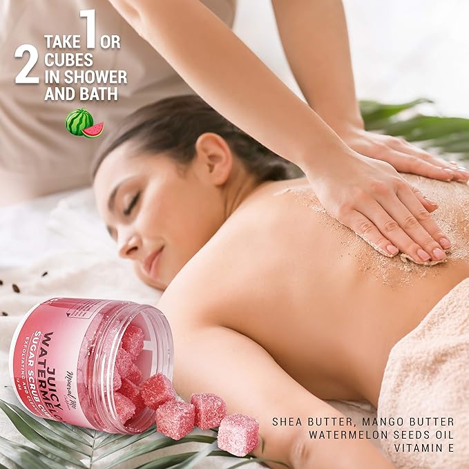 Body Scrub Exfoliator - 12oz WATERMELON Sugar scrub cubes w/Mango Butter & Shea butter, Body Scrub Exfoliator - 12oz COCONUT Sugar scrub cubes, Natural & Organic for all body exfoliation