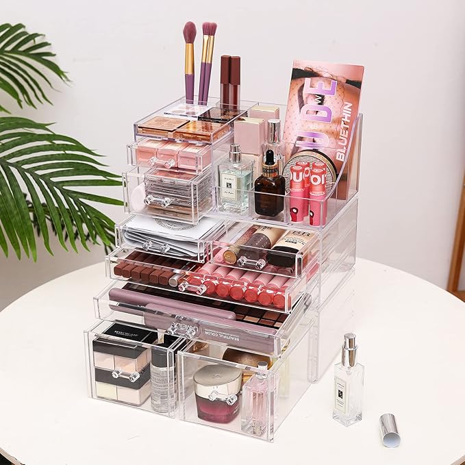 Cq acrylic Makeup Organizer Bathroom Organizers and Storage With 8 Drawers for Vanity Skincare Countertop Desk,Clear Cosmetic Display Case for Lipstick,Brush,Lotions,Eyeshadow,Nail Polish and Jewelry