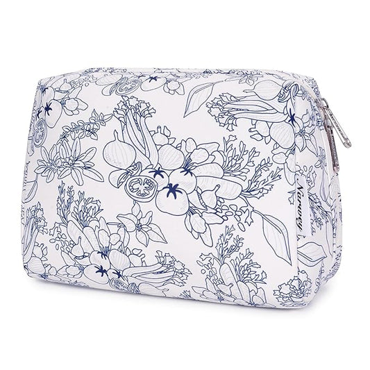 Narwey Cute Floral Makeup Bag Travel Cosmetic Bag Organizer Toiletry Bag Make Up Bags with Organized Pocket for Women Girls (Large,Navy Blue Flower)