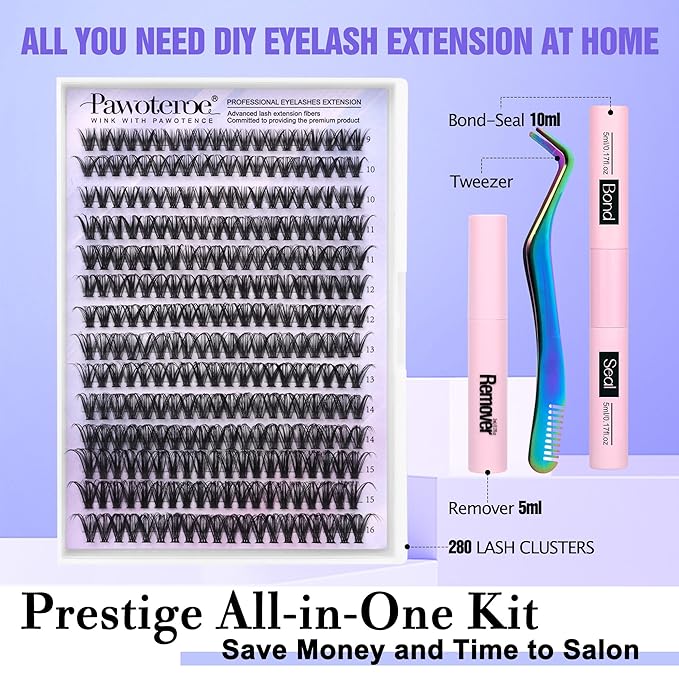 Pawotence Lash Extension Kit DIY 280pcs Individual Lash Clusters Kit 9-16mm 40D Cluster Eyelash Extension Kit with Lash Bond and Seal, Lash Remover, Lash Tweezers for Self Use (40D, 9-16mm, All Kit)
