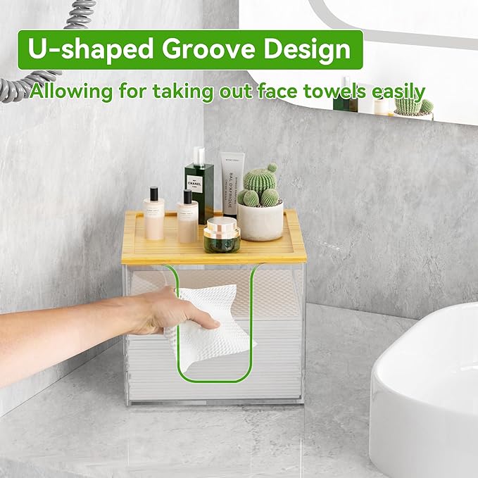 VITVITI Disposable Face Towel Holder Box, Acrylic Facial Container for XL Clean Skin Club, Large Storage With Bamboo Lid, for Bathroom, Vanity Makeup, Clear