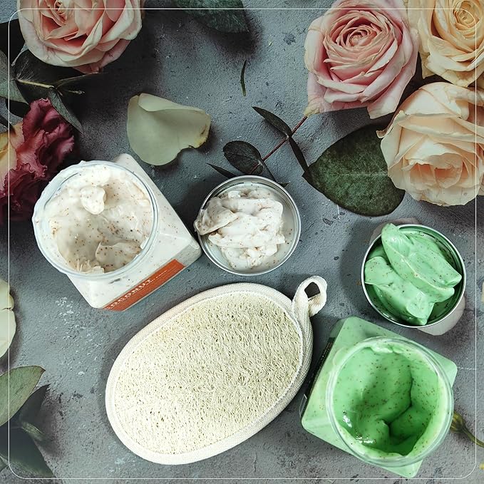 Body Scrub Exfoliator Set,Exfoliating Face Hand Foot Body Scrub,Self Skin Care Deep Cleansing Exfoliating for Oily Skin,Set Includes Coconut and Avocado Botanical Extract Scrub and a Loofah Pad