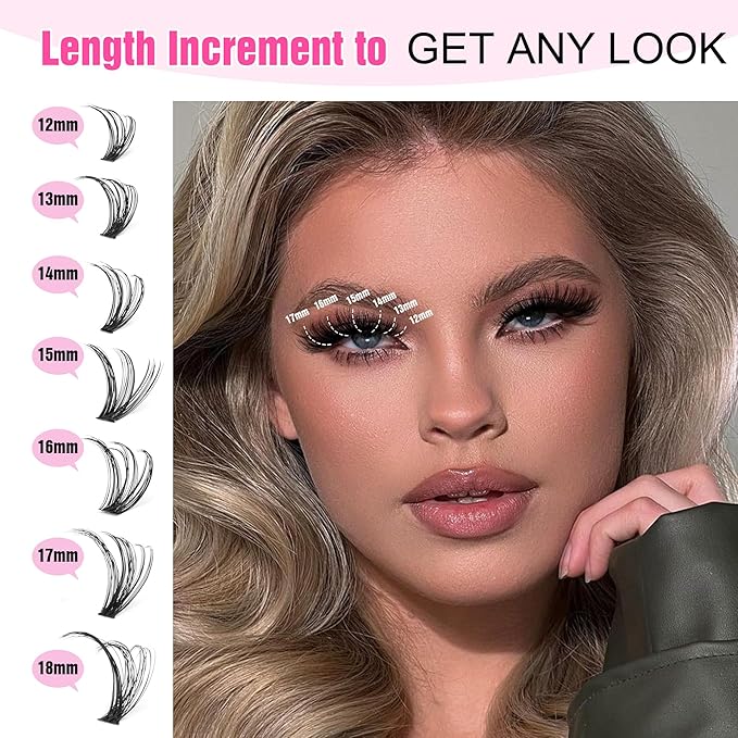 Pawotence Lash Extension Kit DIY 40D 12-18mm Individual Lashes Clusters Kit 280pcs Cluster Eyelash Extensions Kit with Lash Bond and Seal, Tweezers for Self Application (Long 40D, 12-18mm, Kit)