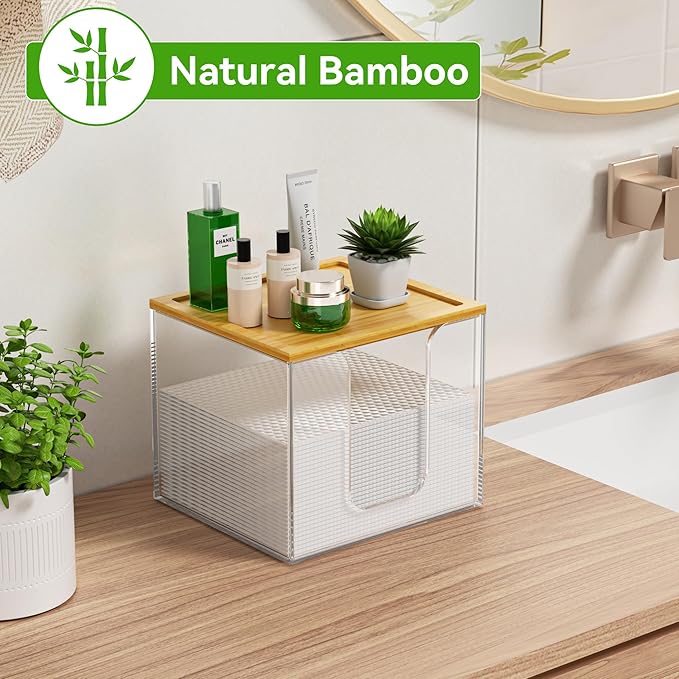 VITVITI Disposable Face Towel Holder Box, Acrylic Facial Container for XL Clean Skin Club, Large Storage With Bamboo Lid, for Bathroom, Vanity Makeup, Clear