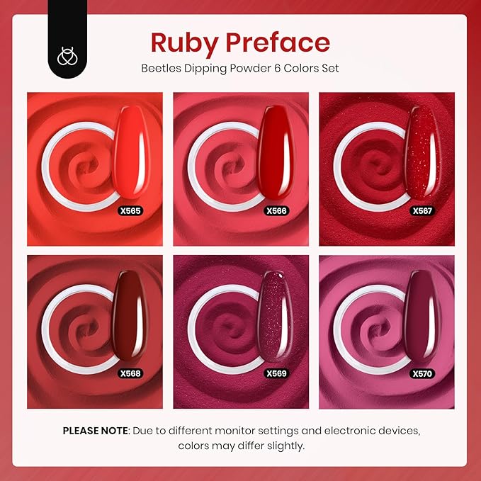 Beetles Dip Powder Nail Kit 6 Colors Red Glitter Dipping Powder No Need Nail Lamp Cured Manicure DIY Salon Gift for Girls Women