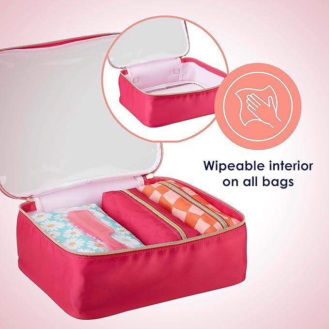 Conair 5 Piece Toiletry and Cosmetic Bag Set Under $30, Includes 4 Makeup Bags and 1 Travel Comb in Pink and Daisy Prints