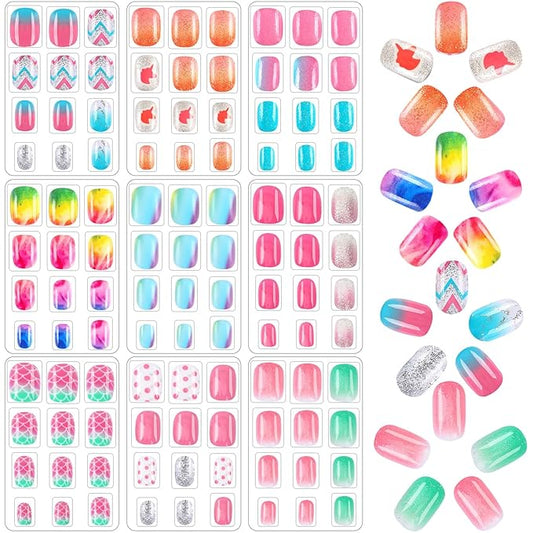 108Pcs Fake Press on Nails for Kids,Acrylic Full Cover False Press on Nails Girls Stick on Nails for Kids Children Birthday Party Favors Gift Nail Art Decoration（9 Pack Gradient Style）