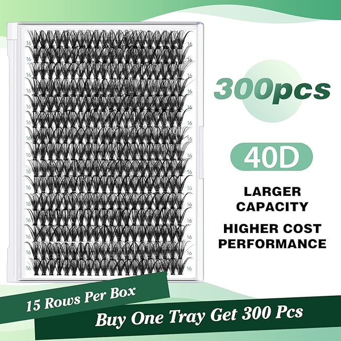 Lash Clusters 300pcs Individual Lashes 40D 0.07D Curl 16mm DIY Eyelash Extension KEYYOU Large Tray Volume Soft&Natural Cluster Lashes(40D-0.07D,16）