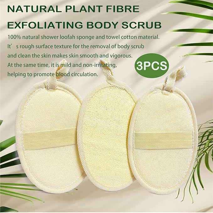 (3 PCS) Natural Loofah Sponge Exfoliating Body Scrubber,Made with Eco-Friendly and Biodegradable Shower Luffa Sponge, Loofah for Women and Men,with Rust-Proof Hook， Beige，11x16cm