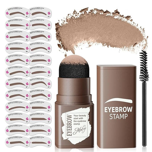 Eyebrow Stamp Stencil Kit - Long-Lasting Eyebrow Powder with Blush, Waterproof & Smudge-Proof Brow Shaping Kit with 24 Reusable Thin & Thick Eyebrow Stencils for Voluminous Brow (Light Brown)