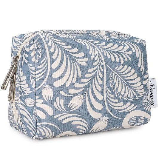 Narwey Small Makeup Bag for Purse Mini Cosmetic Bag Travel Makeup Pouch Zipper Pouch Cute Make up Bags with Compartments for Women Girls (Small, Blue Leaf)