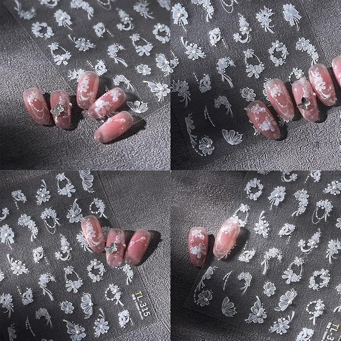 1 Sheets White Flower Nail Art Stickers Self Adhesive Bow Nail Stickers for Nail Art White Bows Floral Nail Decals with Pearl Design for Women Girl DIY Manicure Decor
