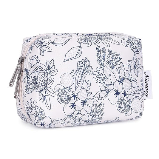 Narwey Small Cute Floral Makeup Bag for Purse Mini Cosmetic Bag Travel Makeup Pouch Zipper Pouch Cute Make up Bags with Compartments for Women Girls (Navy Blue Flower, Small)