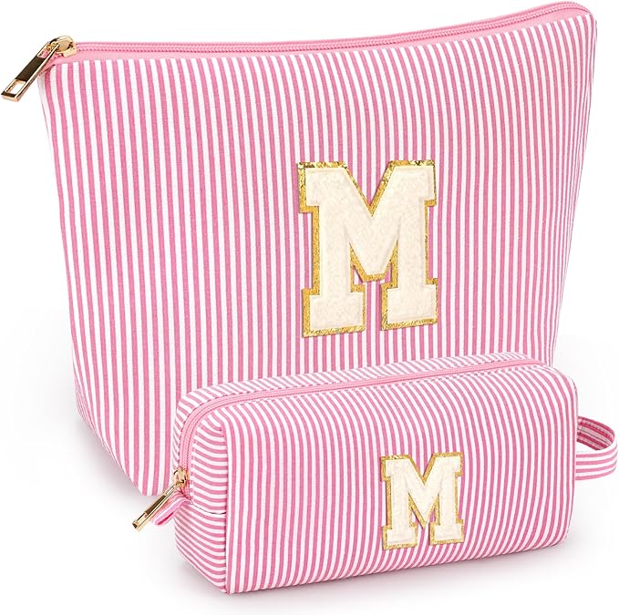 mibasies 2 PCS Initial Makeup Bags: Mothers Day Gifts for Women - Best Friend Birthday Gifts Graduation Gifts Wedding Bridesmaid Girlfriend Wife Daughter Sister Girl Gifts - Pink M