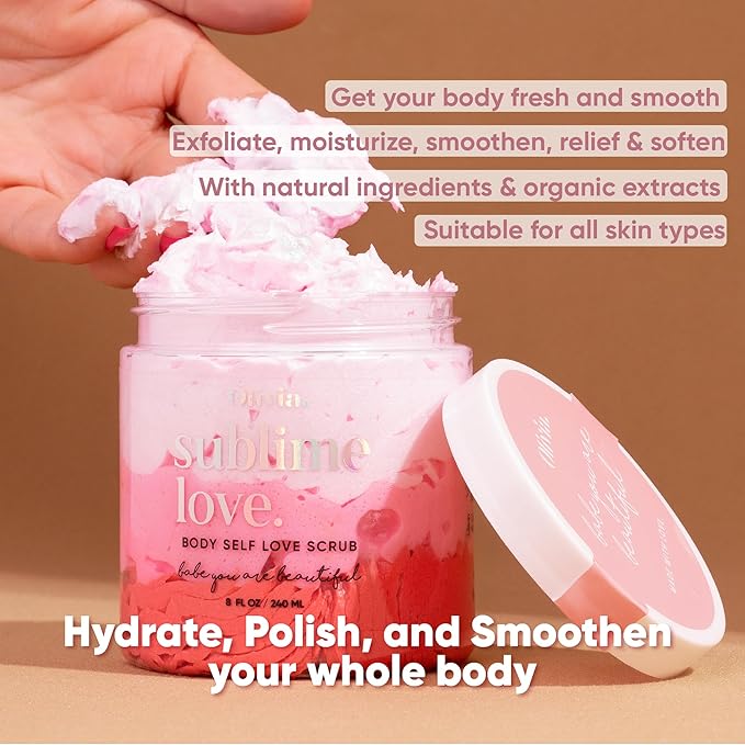 Olivia Beauty Body Scrub for Women - Body Self Love, All Natural Exfoliating Formula with Organic Ingredients like Shea, Mango & Cocoa Butter, and Coconut Oil - Restores Skin Nutrients, 8 Oz