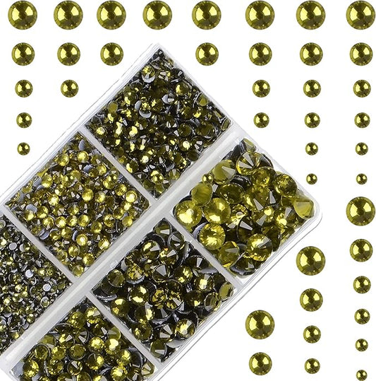 10000Pcs 2-Boxes Mixed Size Hot Fix Round Crystals Gems Glass Stones Hotfix Flat Back Rhinestones with Tweezers and Picking Pencil (Olivine)