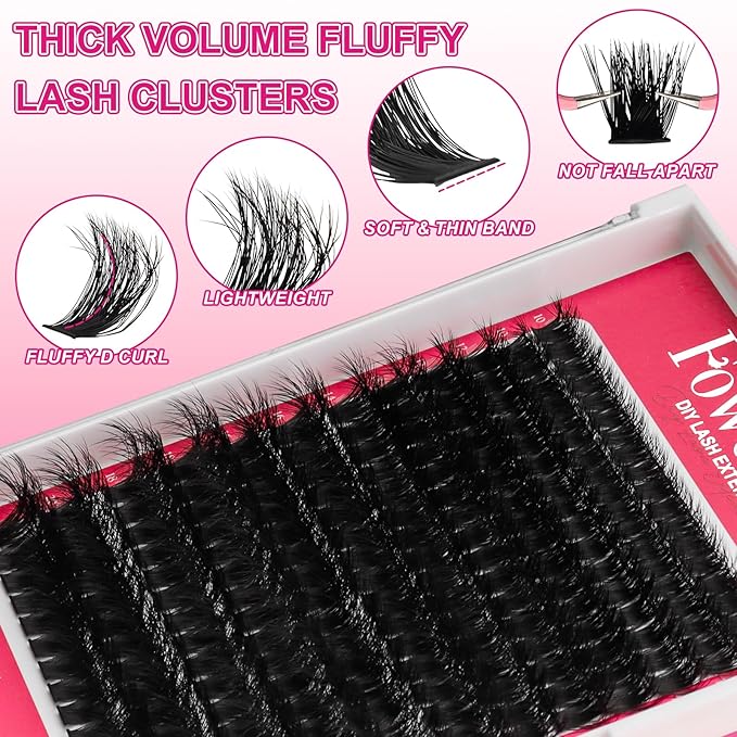 Lash Clusters Kit Fluffy 100D Individual Lashes D Curl Cluster Eyelash Extensions 10-18mm DIY Lash Extension Kit Lash Bond and Seal Waterproof, Lash Applicator, Thick False Eyelashes Kit