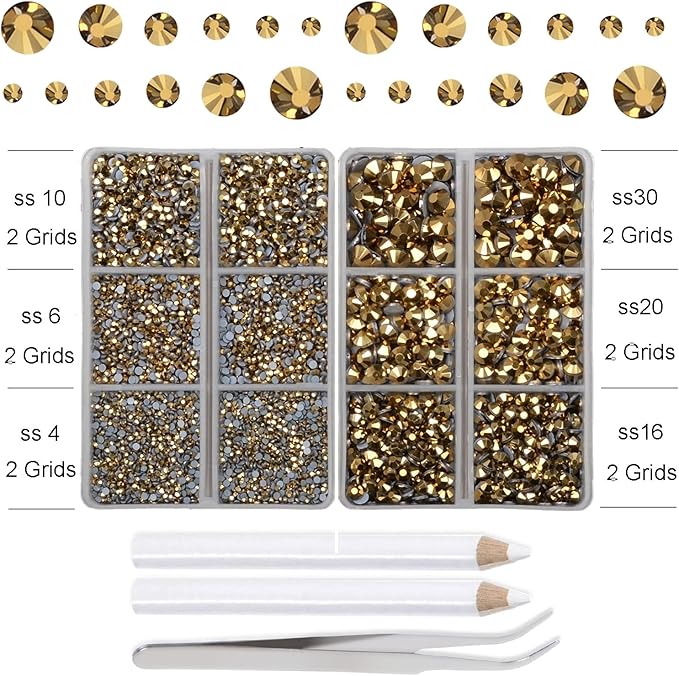 10000Pcs 2-Boxes Mixed Size Hot Fix Round Crystals Gems Glass Stones Hotfix Flat Back Rhinestones with Tweezers and Picking Pencil (Mine Gold)