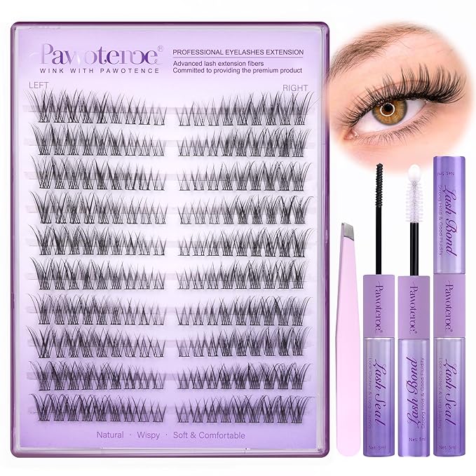 Pawotence Wispy Lash Clusters Kit Cat Eye Lash Extension Kit 180pcs Natural Individual Lashes Left Right Cluster Eyelash Extensions Kit with Lash Bond and Seal, Lash Tweezers for Self Application