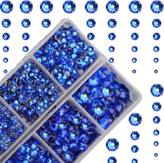 10000Pcs 2-Boxes Mixed Size Hot Fix Round Crystals Gems Glass Stones Hotfix Flat Back Rhinestones with Tweezers and Picking Pencil (Sapphire)