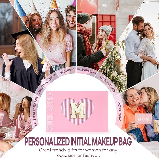 mibasies 2 PCS Initial Makeup Bags: Mothers Day Gifts for Women - Best Friend Birthday Gifts Graduation Gifts Wedding Bridesmaid Girlfriend Wife Daughter Sister Girl Gifts - Pink M