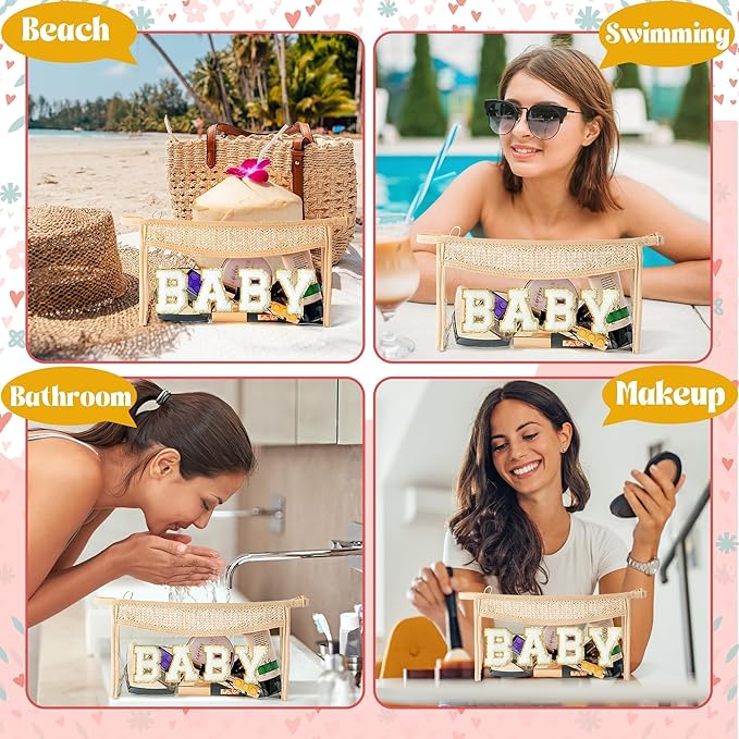 Boho Patch Cosmetic Bag - Summer Gifts BABY Chenille Varsity Letter Toiletry Kit Beige Clear Waterproof Travel Makeup Bag PVC Zipper Clutch Daily Use Purse for Mom Women Girls Wife