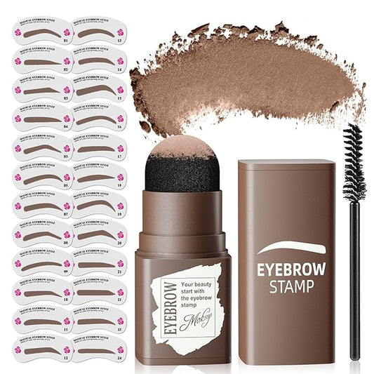 Eyebrow Stamp Stencil Kit - Long-Lasting Eyebrow Powder with Blush, Waterproof & Smudge-Proof Brow Shaping Kit with 24 Reusable Thin & Thick Eyebrow Stencils for Voluminous Brow (Medium Brown)