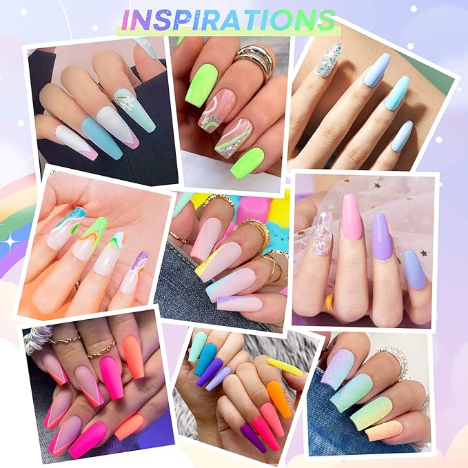 AZUREBEAUTY Spring Summer Bright Pastel Neon Color 42 Pcs Dip Powder Nail Kit, Pink Yellow Purple Mint Green Color Dip Nails Powder Starter Set with Essential Liquid Recycling Tray Nail Manicure