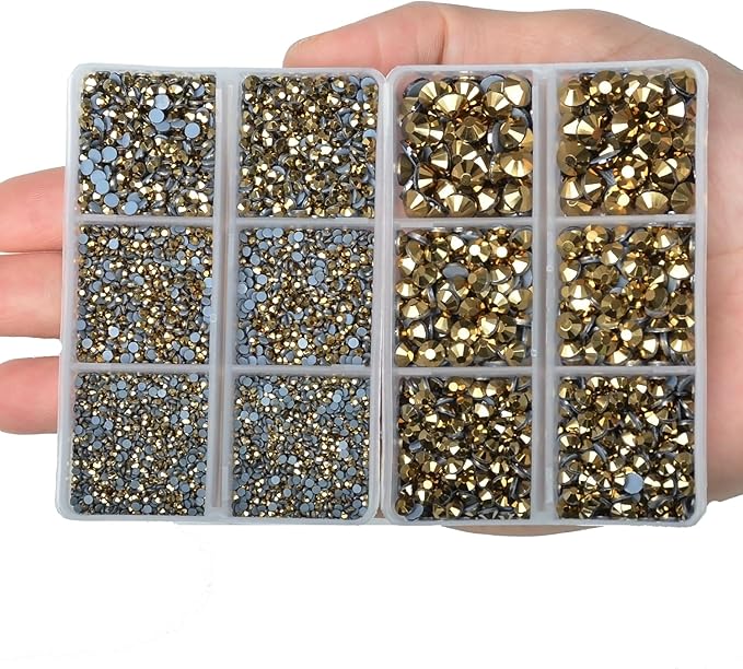 10000Pcs 2-Boxes Mixed Size Hot Fix Round Crystals Gems Glass Stones Hotfix Flat Back Rhinestones with Tweezers and Picking Pencil (Mine Gold)