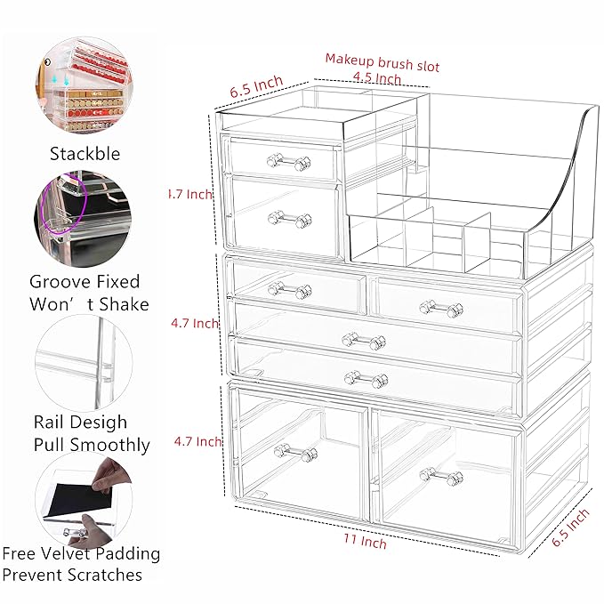 Cq acrylic Makeup Organizer Bathroom Organizers and Storage With 8 Drawers for Vanity Skincare Countertop Desk,Clear Cosmetic Display Case for Lipstick,Brush,Lotions,Eyeshadow,Nail Polish and Jewelry
