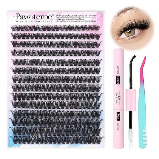 Pawotence Lash Extension Kit DIY 280pcs Individual Lash Clusters Kit 50D 9-16mm Cluster Eyelash Extensions Kit with Lash Bond and Seal, Lash Tweezers for Self Application (50D, 0.07D, 9-16mm, Kit)