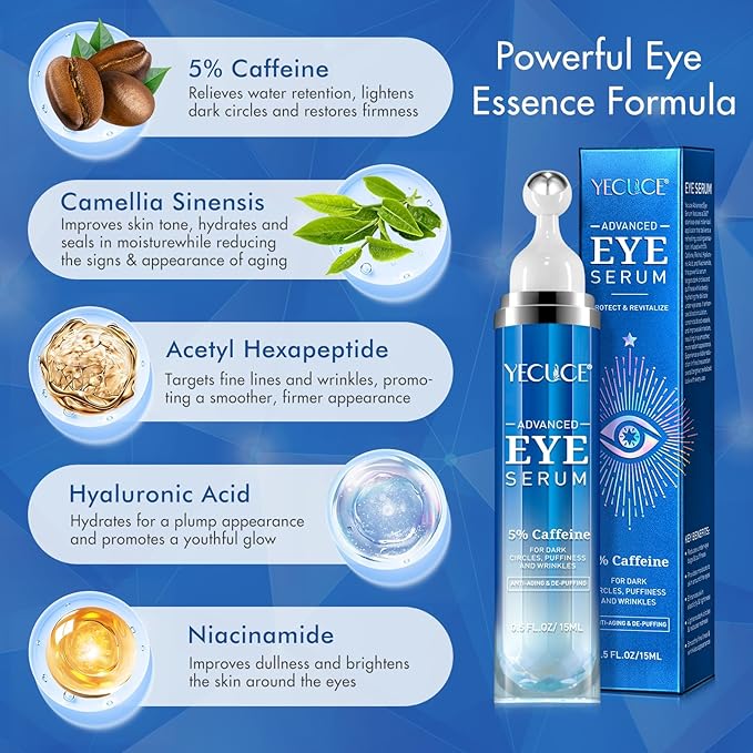 5% Caffeine Eye Serum, Under Eye Roller Cream for Dark Circles, Puffiness, Bags Under Eyes - 360° Massage Ball Cream for Wrinkles, Christmas Gifts for Women (0.5 fl. oz.)