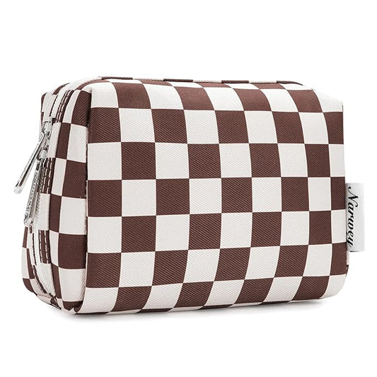 Narwey Small Checkered Makeup Bag for Purse Mini Cosmetic Bag Travel Makeup Pouch Zipper Pouch Cute Make up Bags with Compartments for Women Girls (Dark Checkerboard, Small)