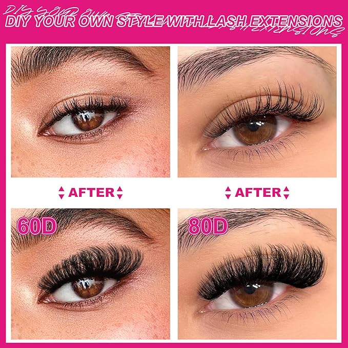 Lash Clusters Kit Fluffy 60D 80D Individual Lashes D Curl Cluster Eyelash Extensions 10-18mm DIY Lash Extension Kit Lash Bond and Seal Waterproof, Lash Applicator, Thick False Eyelashes Kit