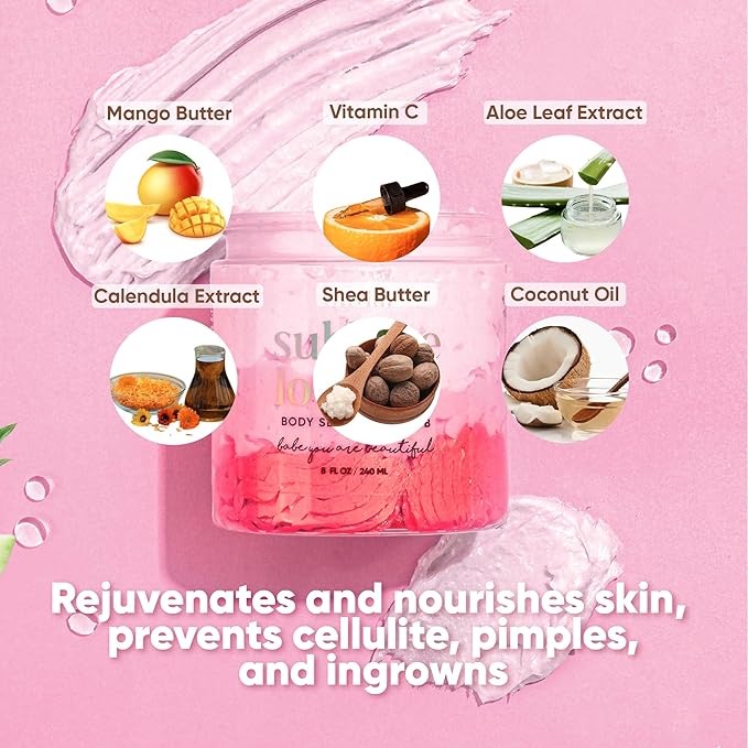 Olivia Beauty Body Scrub for Women - Body Self Love, All Natural Exfoliating Formula with Organic Ingredients like Shea, Mango & Cocoa Butter, and Coconut Oil - Restores Skin Nutrients, 8 Oz