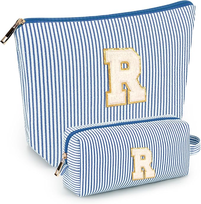 2 PCS Initial Makeup Bags for Women: Cosmetic Bag for Travel Toiletry - Birthday Gifts for 11 12 13 14 15 16 17 18 Years Old Girl Graduation Teacher Gift- Teen Girl Gifts Trendy Stuff - Blue R