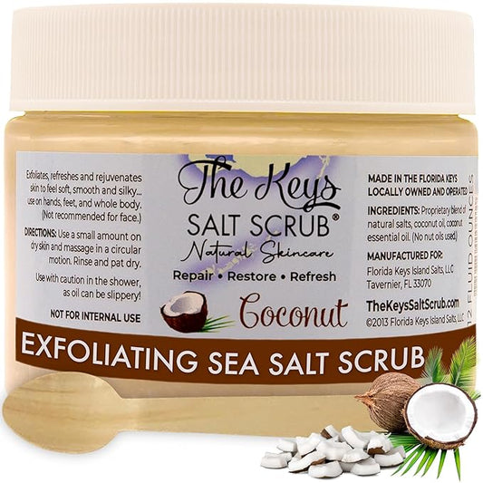 The Keys Salt Scrub - Coconut Sea Salt Scrub - Exfoliating Body Scrub Skin Care with Wooden Spoon for Men & Women - Natural Moisturizing Exfoliator for Face, Hands, Foot, Bath, & Bikini Area (12 oz.)