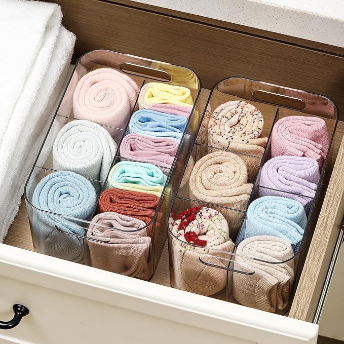 2 Pack, 5-Compartment Clear Plastic Bin - Divided Art Supplies, Cosmetic Makeup Caddy Organizer - Multiuse Storage Container for Vanity, Bathroom, Kitchen, Office, Craft, Shower, Cleaning Items