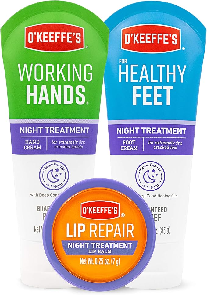 O'Keeffe's Night Treatment Combo Pack Including Working Hands Night Treatment Hand Cream, Healthy Feet Night Treatment Foot Cream and Lip Repair Night Treatment Lip Balm; Gift Idea