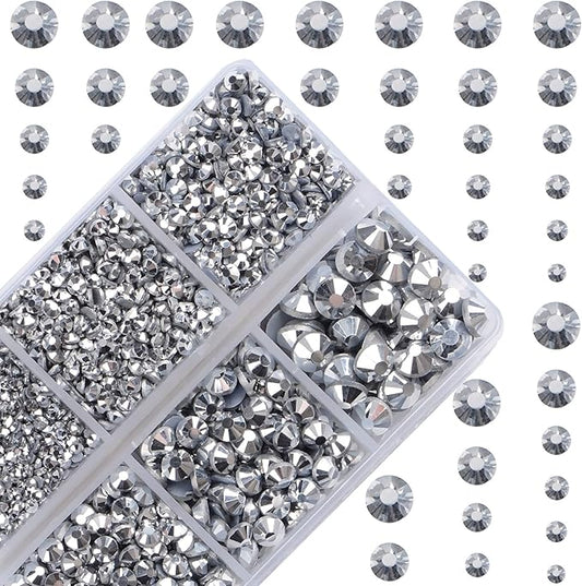 10000Pcs 2-Boxes Mixed Size Hot Fix Round Crystals Gems Glass Stones Hotfix Flat Back Rhinestones with Tweezers and Picking Pencil (Labrador Silver)