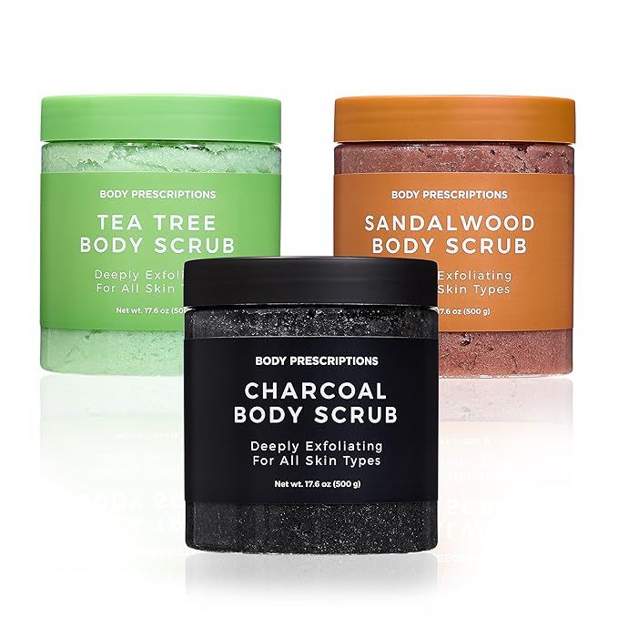Body Prescription Deep Exfoliating Body Scrub - Cruelty-Free Formula for All Skin Types, 17.64 Ounce (Pack of 3), Tea Tree, Charcoal, Sandalwood