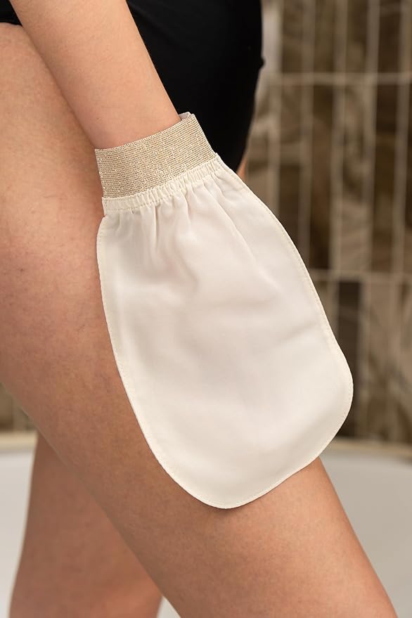 Feel Fine Turkish Exfoliating Mitt – 100% Natural Plant Silk Hammam Kese Glove for Men & Women | Handcrafted Skin Peeling Scrubber, Vegan Shower, Bath & Sauna Exfoliator (White & Gold)