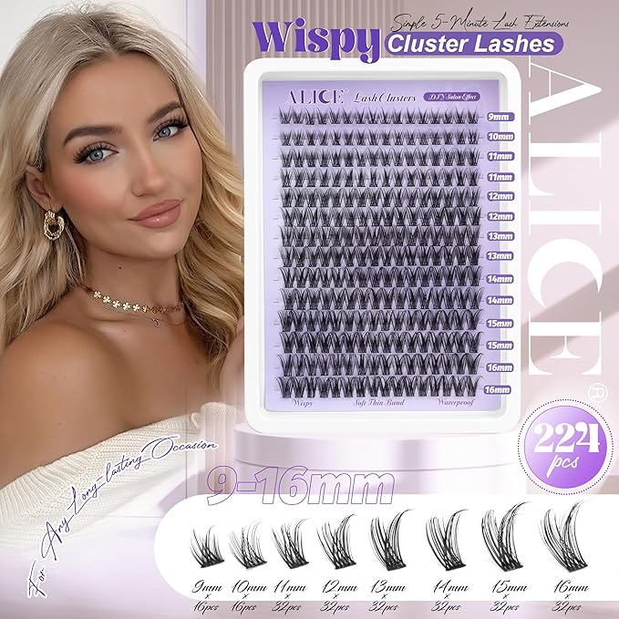 Lash Clusters Natural Wispy Cluster Eyelash Extensions DIY Individual Lashes Lash Extension Waterproof Cluster Lashes 224pcs 9-16mm Soft Thin Band by ALICE