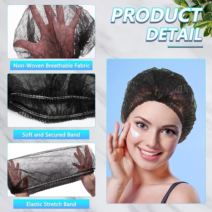 100 Pieces Non-Woven Hair Nets,Disposable Bouffant Caps,20 Inch Elastic Head Cover,Black Disposable Hair Nets,Hair Net for Food Service,Beauty Salon Cosmetics Spa Men & Women(Black)