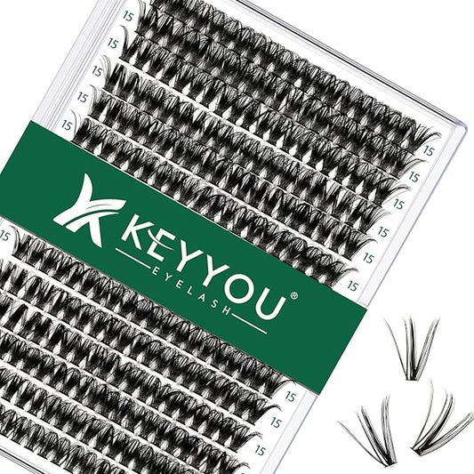 Lash Clusters 300pcs Individual Lashes 50D 0.07C Curl 15mm DIY Eyelash Extension KEYYOU Large Tray Volume Soft&Natural Cluster Lashes(50D-0.07C,15）