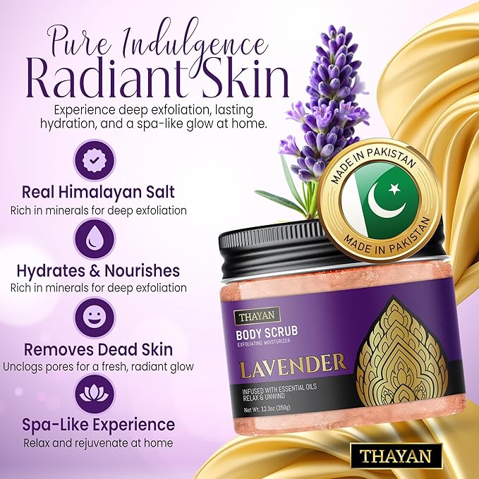 Himalayan Salt Scrub – Exfoliating Face, Foot & Body Scrub with Jojoba, Grapeseed & Essential Oils – Deep Cleansing, Collagen-Boosting, Cellulite Treatment & Skin Toning - Lavender