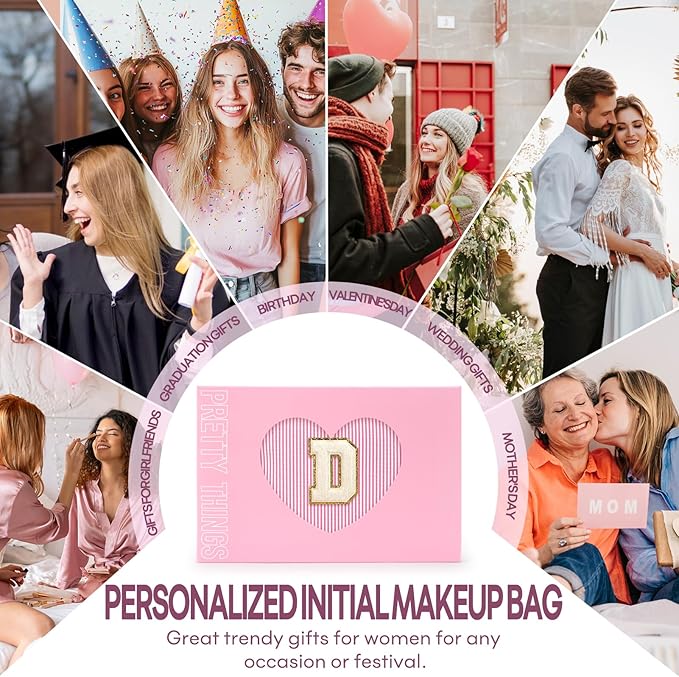 2 PCS Initial Makeup Bags for Women: Cosmetic Bag for Travel Toiletry - Birthday Gifts for 11 12 13 14 15 16 17 18 Years Old Girl Graduation Teacher Gift- Teen Girl Gifts Trendy Stuff - Pink D